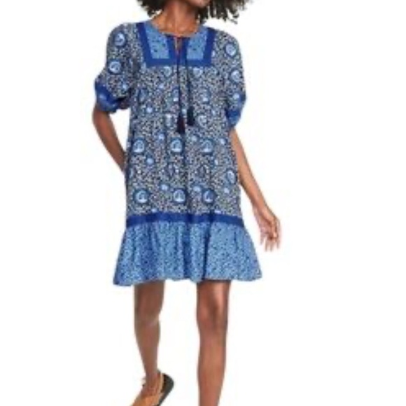 Old Navy women's M blue floral print peasant puff sleeves midi dress cottagecore - Picture 1 of 11